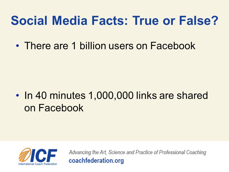 There are 1 billion users on Facebook Social Media Facts: True or False.