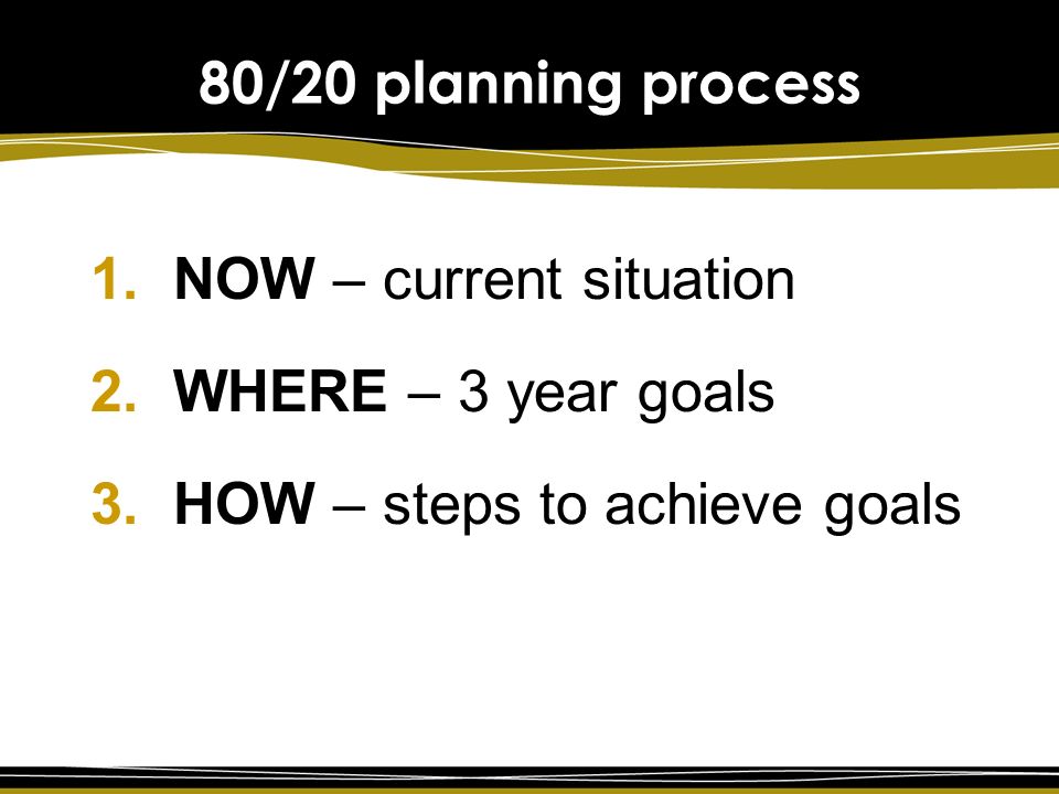80/20 planning process 1.NOW – current situation 2.WHERE – 3 year goals 3.HOW – steps to achieve goals