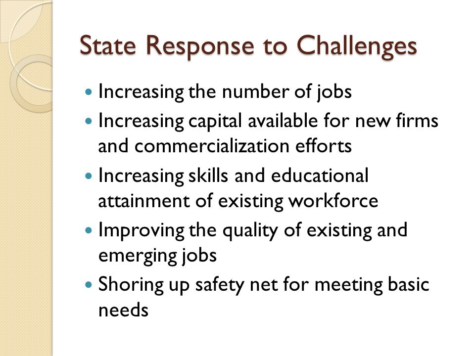 State Response to Challenges Increasing the number of jobs Increasing capital available for new firms and commercialization efforts Increasing skills and educational attainment of existing workforce Improving the quality of existing and emerging jobs Shoring up safety net for meeting basic needs