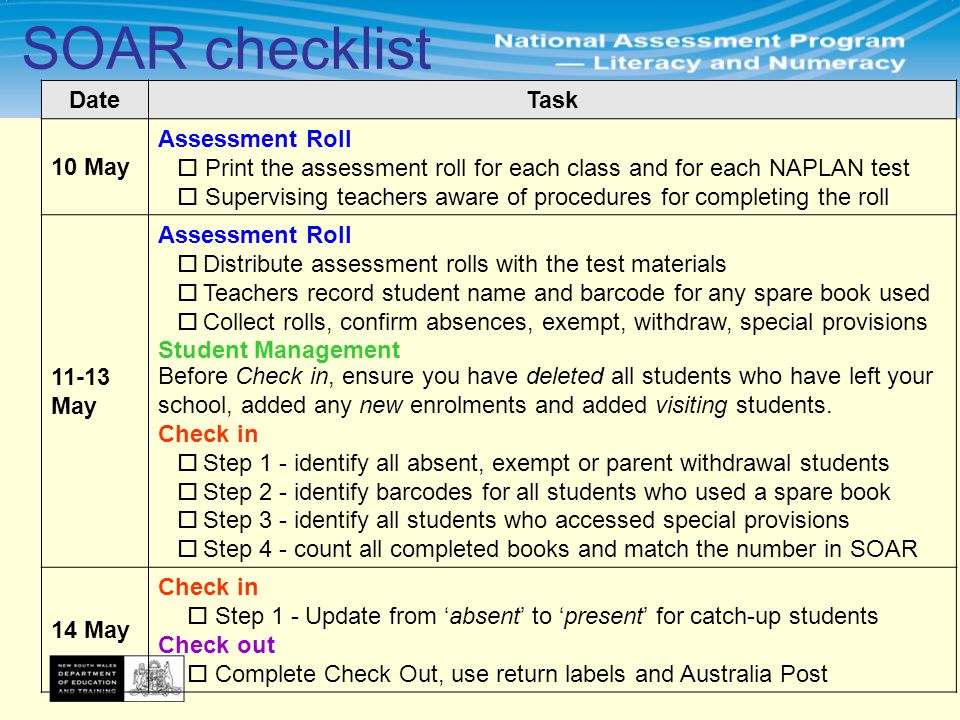 SOAR checklist DateTask 10 May Assessment Roll  Print the assessment roll for each class and for each NAPLAN test  Supervising teachers aware of procedures for completing the roll May Assessment Roll  Distribute assessment rolls with the test materials  Teachers record student name and barcode for any spare book used  Collect rolls, confirm absences, exempt, withdraw, special provisions Student Management Before Check in, ensure you have deleted all students who have left your school, added any new enrolments and added visiting students.