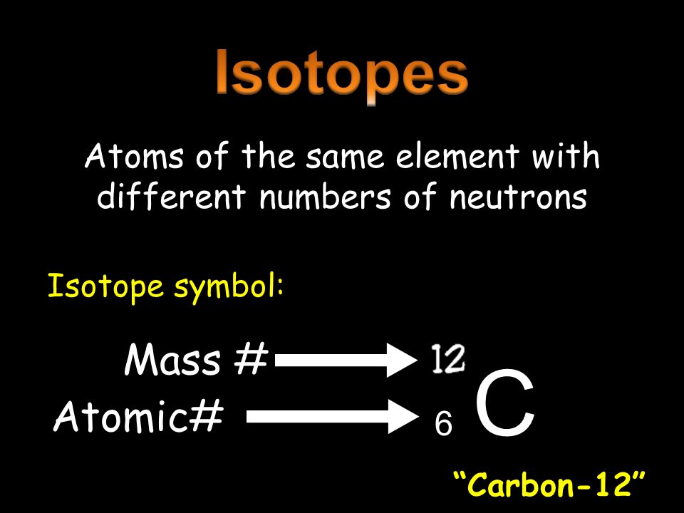 Atoms of the same element with different numbers of neutrons Mass # Atomic# Isotope symbol: Carbon-12 6 C