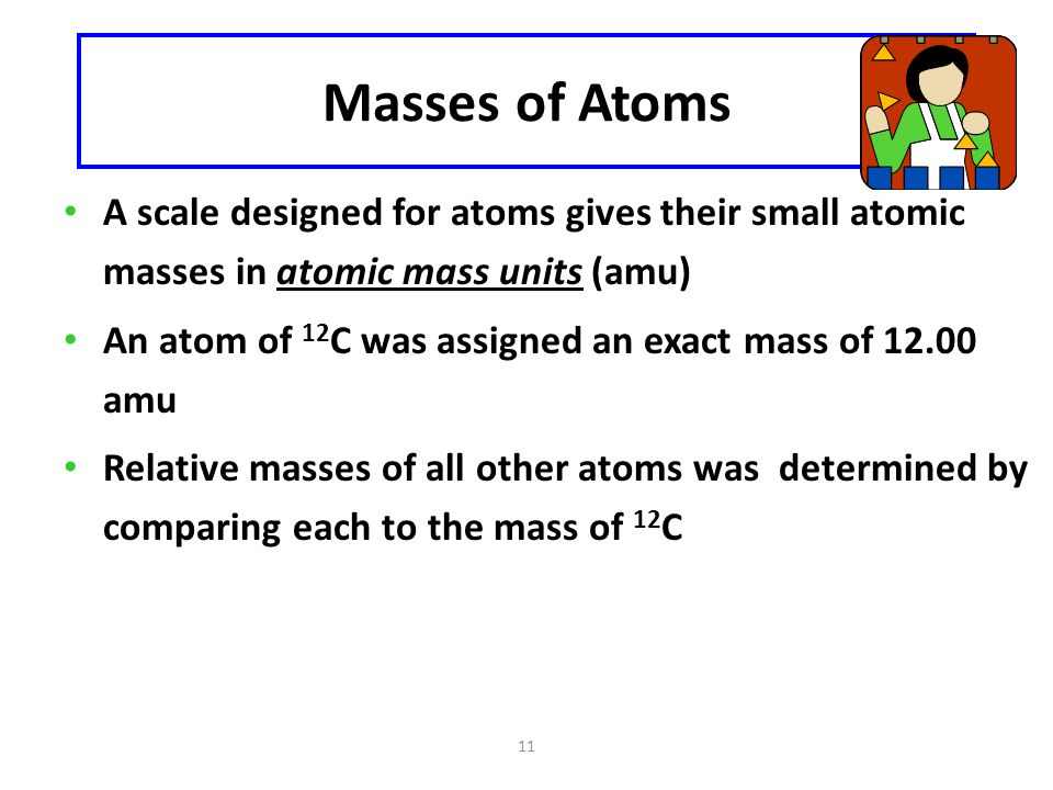 11 Masses of Atoms A scale designed for atoms gives their small atomic masses in atomic mass units (amu) An atom of 12 C was assigned an exact mass of amu Relative masses of all other atoms was determined by comparing each to the mass of 12 C