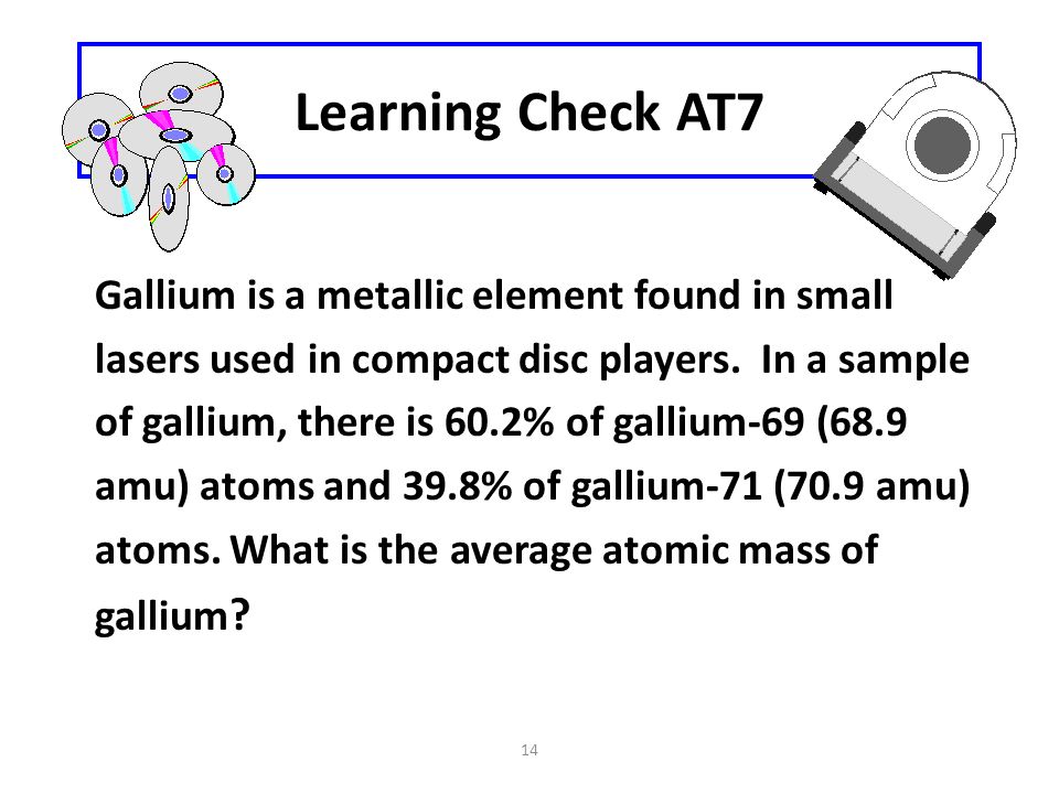 14 Learning Check AT7 Gallium is a metallic element found in small lasers used in compact disc players.