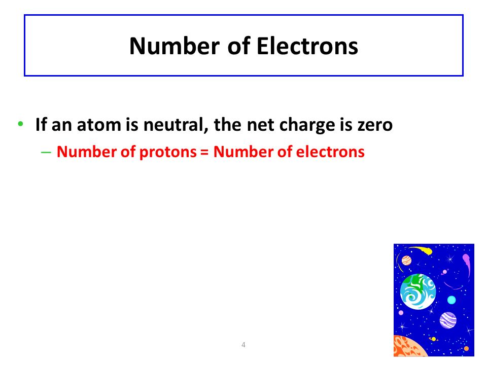 4 Number of Electrons If an atom is neutral, the net charge is zero – Number of protons = Number of electrons
