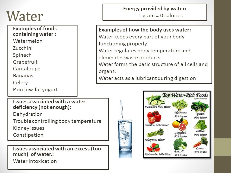 Water Examples of foods containing water : Watermelon Zucchini Spinach Grapefruit Cantaloupe Bananas Celery Pain low-fat yogurt Energy provided by water: 1 gram = 0 calories Examples of how the body uses water: Water keeps every part of your body functioning properly.