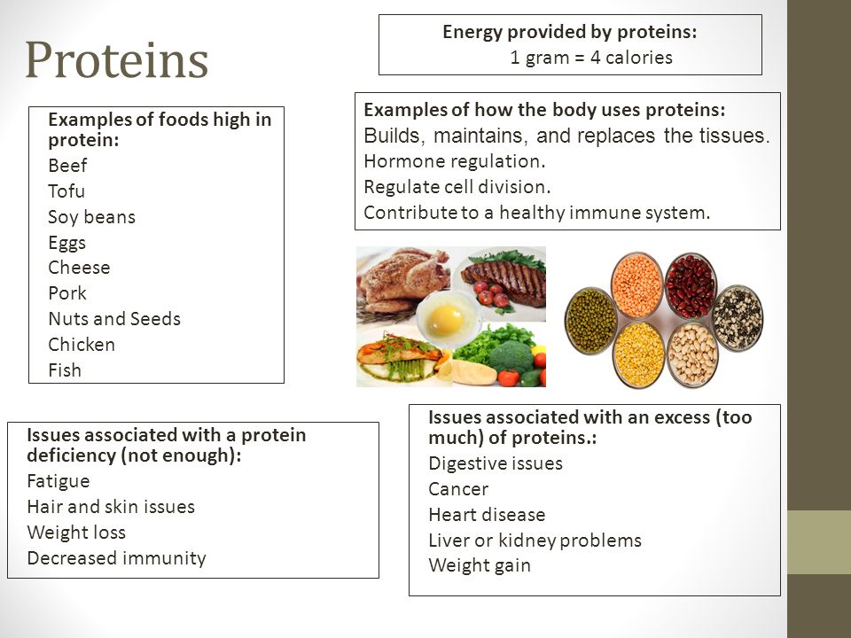 Proteins Examples of foods high in protein: Beef Tofu Soy beans Eggs Cheese Pork Nuts and Seeds Chicken Fish Energy provided by proteins: 1 gram = 4 calories Examples of how the body uses proteins: Builds, maintains, and replaces the tissues.