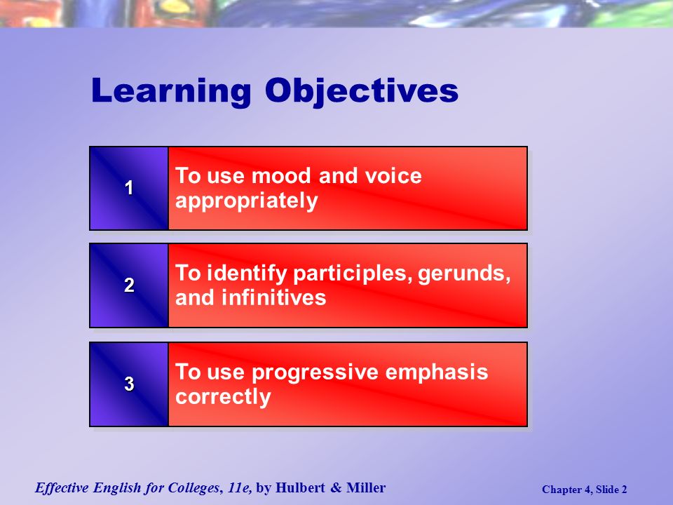 Effective English for Colleges, 11e, by Hulbert & Miller Chapter 4, Slide 2 Learning Objectives To identify participles, gerunds, and infinitives To use progressive emphasis correctly 11 To use mood and voice appropriately