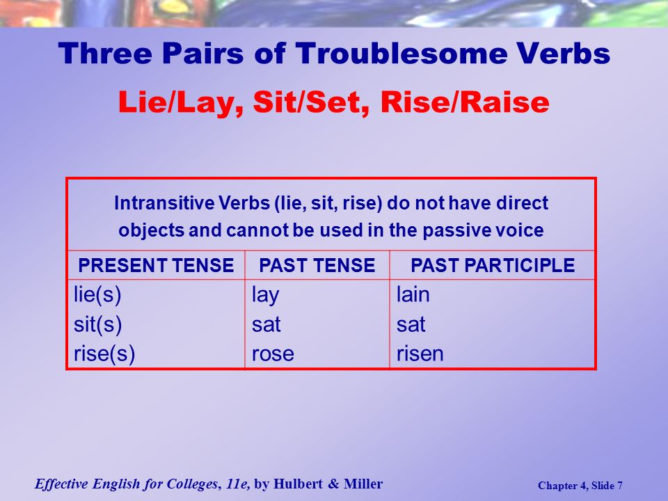 Effective English for Colleges, 11e, by Hulbert & Miller Chapter 4, Slide 7 Three Pairs of Troublesome Verbs Lie/Lay, Sit/Set, Rise/Raise Intransitive Verbs (lie, sit, rise) do not have direct objects and cannot be used in the passive voice PRESENT TENSEPAST TENSEPAST PARTICIPLE lie(s) sit(s) rise(s) lay sat rose lain sat risen