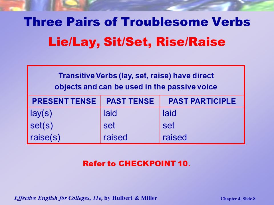 Effective English for Colleges, 11e, by Hulbert & Miller Chapter 4, Slide 8 Transitive Verbs (lay, set, raise) have direct objects and can be used in the passive voice PRESENT TENSEPAST TENSEPAST PARTICIPLE lay(s) set(s) raise(s) laid set raised laid set raised Three Pairs of Troublesome Verbs Lie/Lay, Sit/Set, Rise/Raise Refer to CHECKPOINT 10.