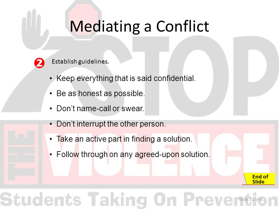 Slide 31 of 6 Establish guidelines. Keep everything that is said confidential.