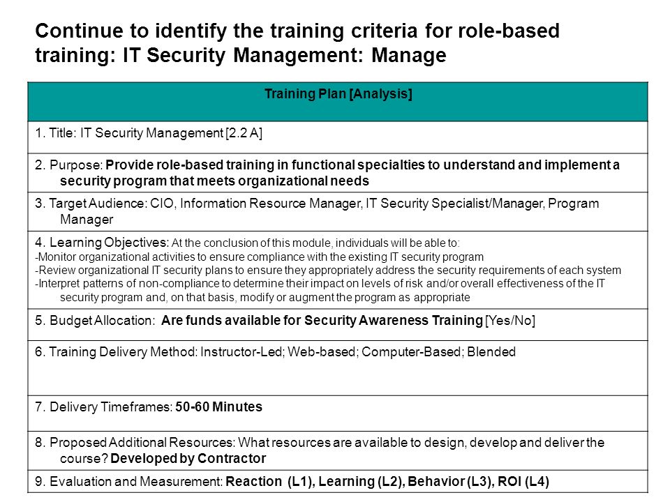 Continue to identify the training criteria for role-based training: IT Security Management: Manage Training Plan [Analysis] 1.