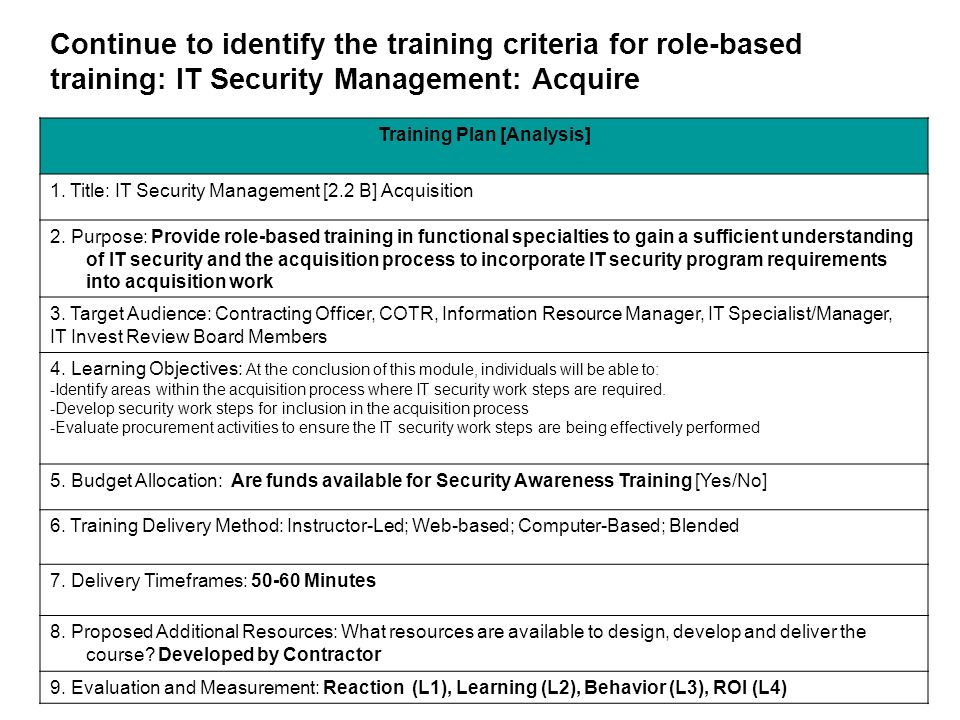 Continue to identify the training criteria for role-based training: IT Security Management: Acquire Training Plan [Analysis] 1.