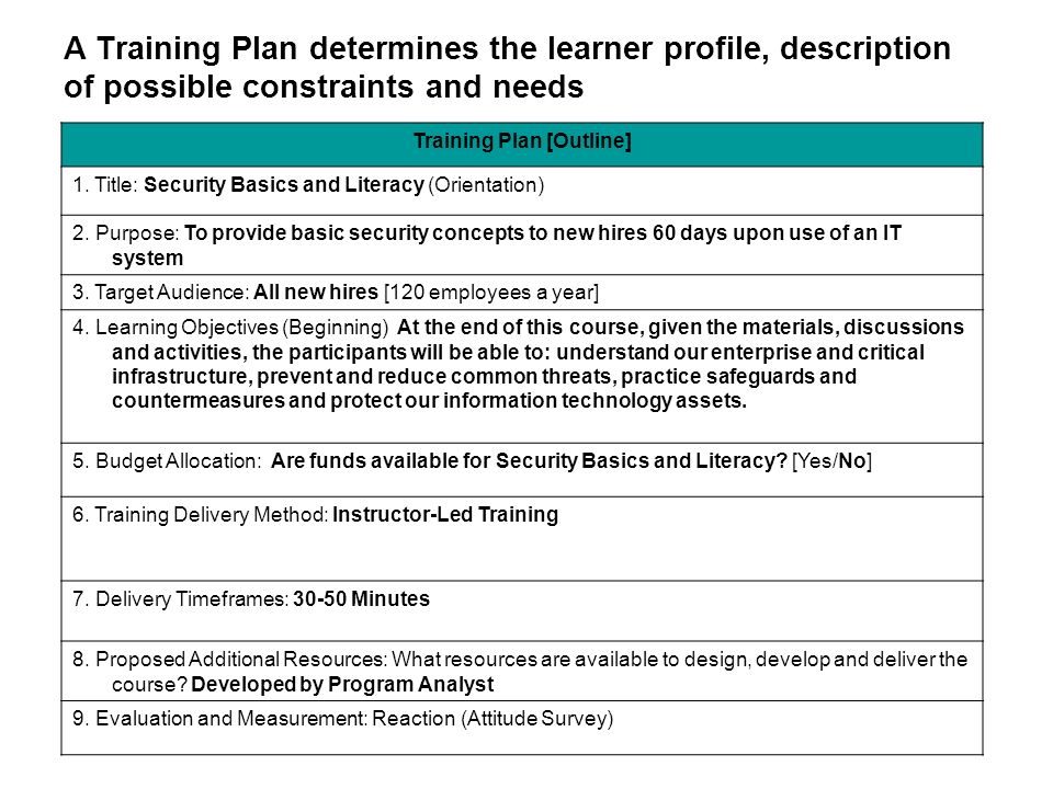 A Training Plan determines the learner profile, description of possible constraints and needs Training Plan [Outline] 1.