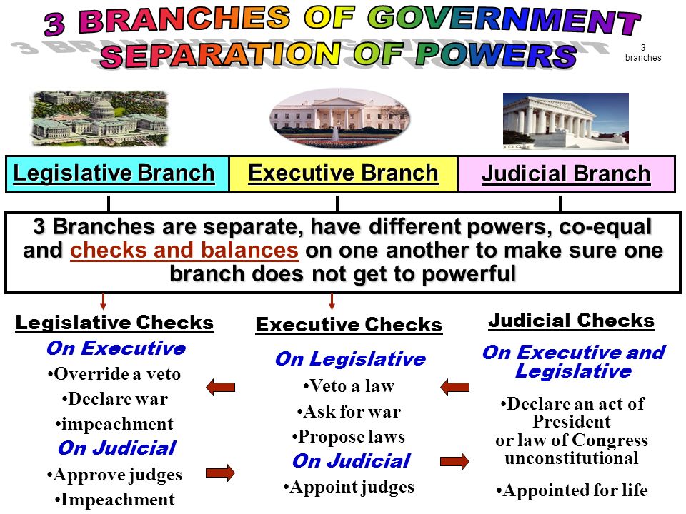 Legislative Branch Executive Branch Judicial Branch 3 Branches are separate, have different powers, co-equal and on one another to make sure one branch does not get to powerful 3 Branches are separate, have different powers, co-equal and checks and balances on one another to make sure one branch does not get to powerful Legislative Checks On Executive Override a veto Declare war impeachment On Judicial Approve judges Impeachment Executive Checks On Legislative Veto a law Ask for war Propose laws On Judicial Appoint judges Judicial Checks On Executive and Legislative Declare an act of President or law of Congress unconstitutional Appointed for life 3 branches