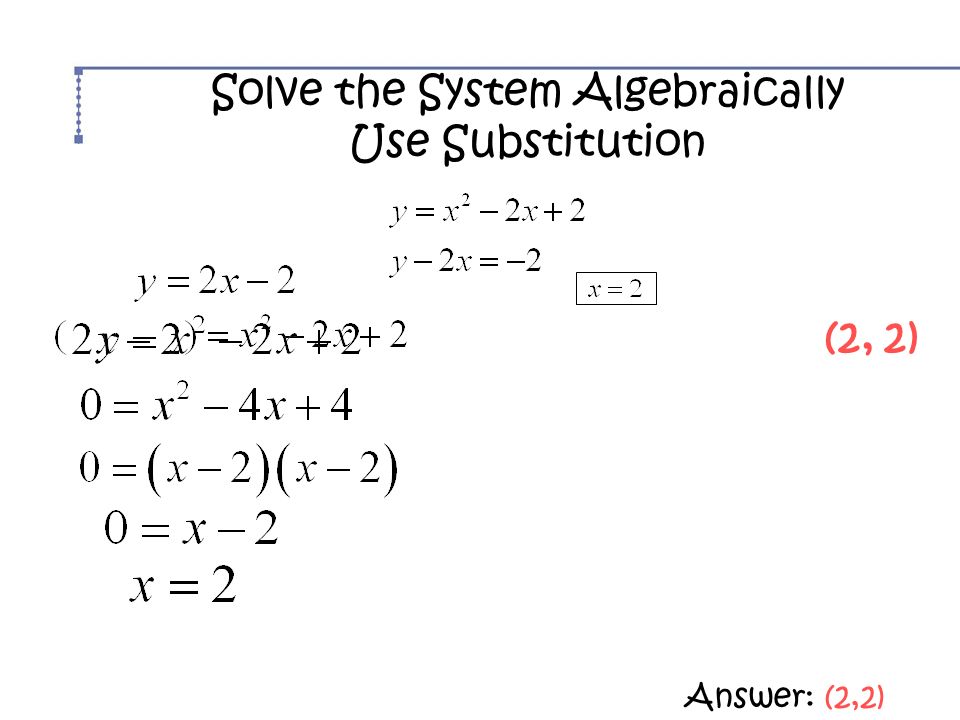 Solve the System Algebraically Use Substitution Answer: (2,2) (2, 2)
