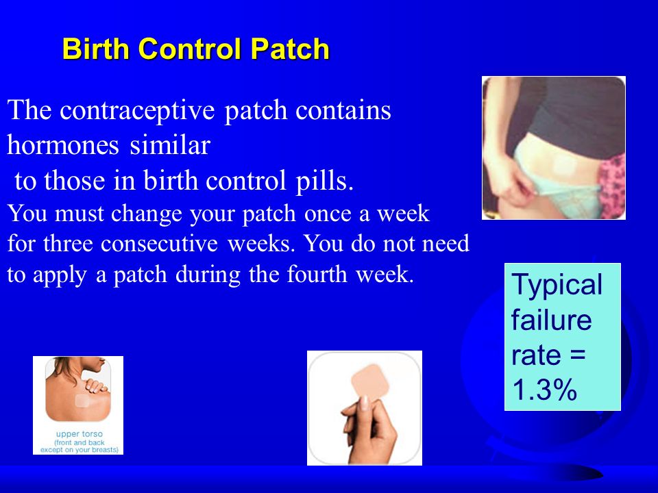 Birth Control Patch Typical failure rate = 1.3% The contraceptive patch contains hormones similar to those in birth control pills.
