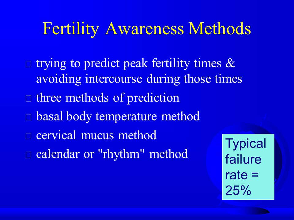 Fertility Awareness Methods  trying to predict peak fertility times & avoiding intercourse during those times  three methods of prediction  basal body temperature method  cervical mucus method  calendar or rhythm method Typical failure rate = 25%