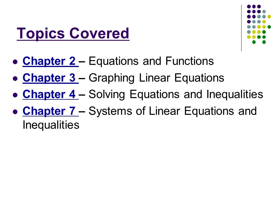 Exam Review 1 St Semester Algebra I Topics Covered Chapter 2 Covered Chapter 2 Equations And Functions 3 Graphing Linear 4 Solving Inequalities