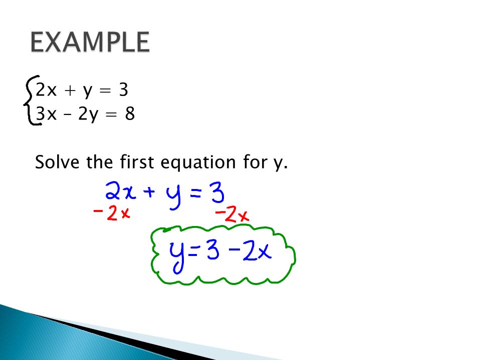 2x + y = 3 3x – 2y = 8 Solve the first equation for y.