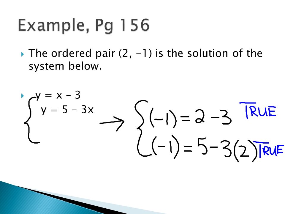  The ordered pair (2, -1) is the solution of the system below.  y = x – 3 y = 5 – 3x