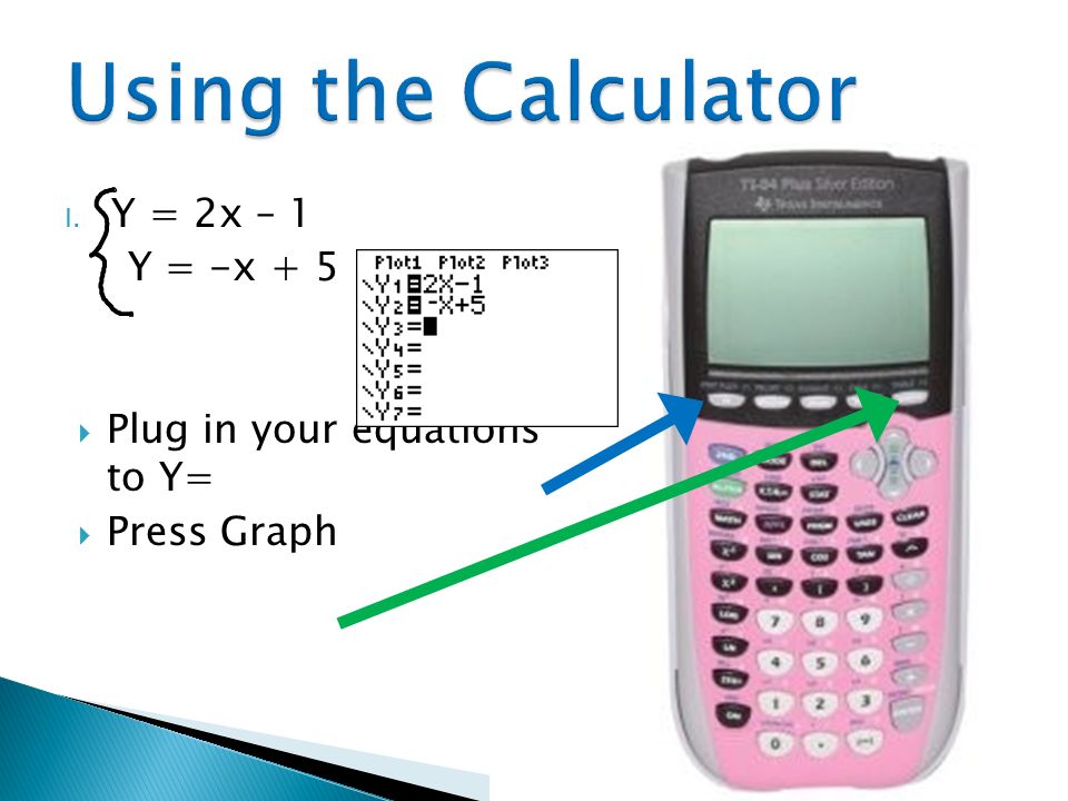 I. Y = 2x – 1 Y = -x + 5  Plug in your equations to Y=  Press Graph