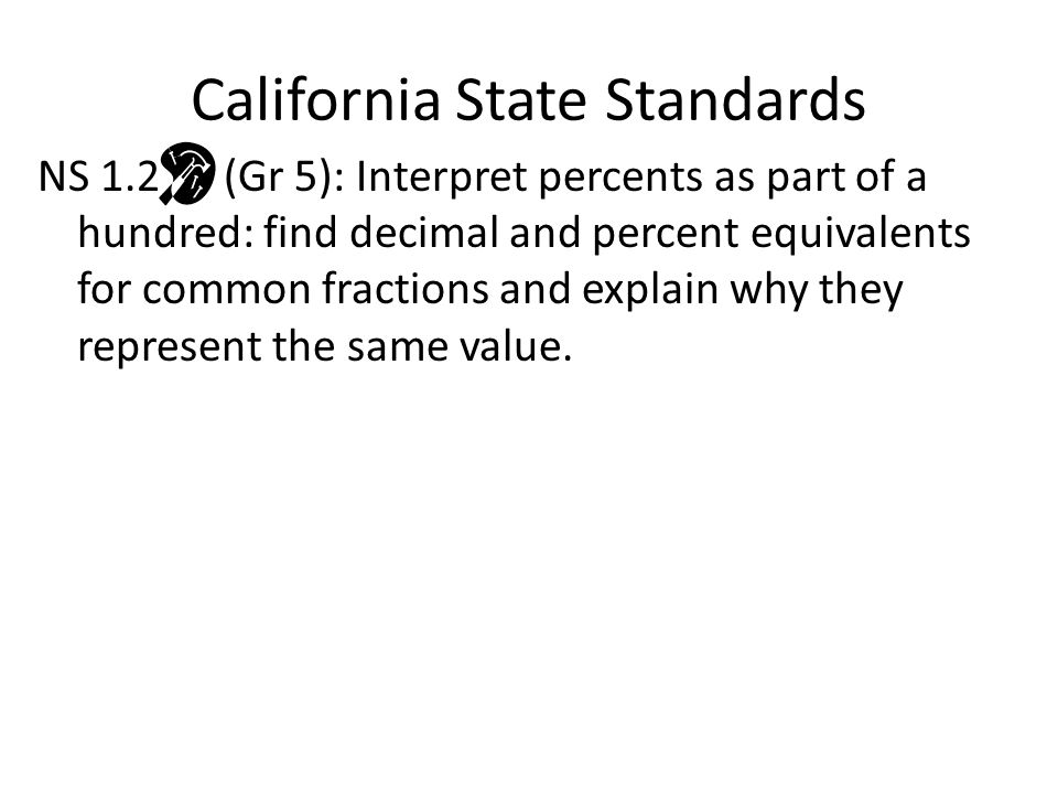 California State Standards NS 1.2 (Gr 5): Interpret percents as part of a hundred: find decimal and percent equivalents for common fractions and explain why they represent the same value.