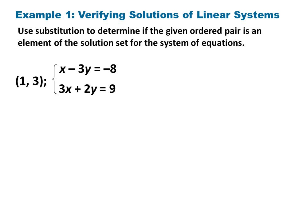 Use substitution to determine if the given ordered pair is an element of the solution set for the system of equations.