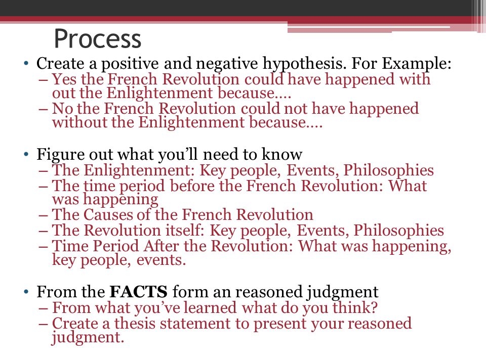 Process Create a positive and negative hypothesis.