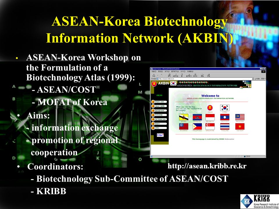 ASEAN-Korea Biotechnology Information Network (AKBIN) ASEAN-Korea Workshop on the Formulation of a Biotechnology Atlas (1999): - ASEAN/COST - MOFAT of Korea   Coordinators: - Biotechnology Sub-Committee of ASEAN/COST - KRIBB Aims: - information exchange - promotion of regional cooperation