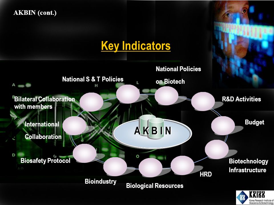 Key Indicators A K B I N AKBIN (cont.) National S & T Policies International Collaboration National Policies on Biotech HRD Bioindustry Bilateral Collaboration with members Biotechnology Infrastructure Biosafety Protocol Biological Resources Budget R&D Activities