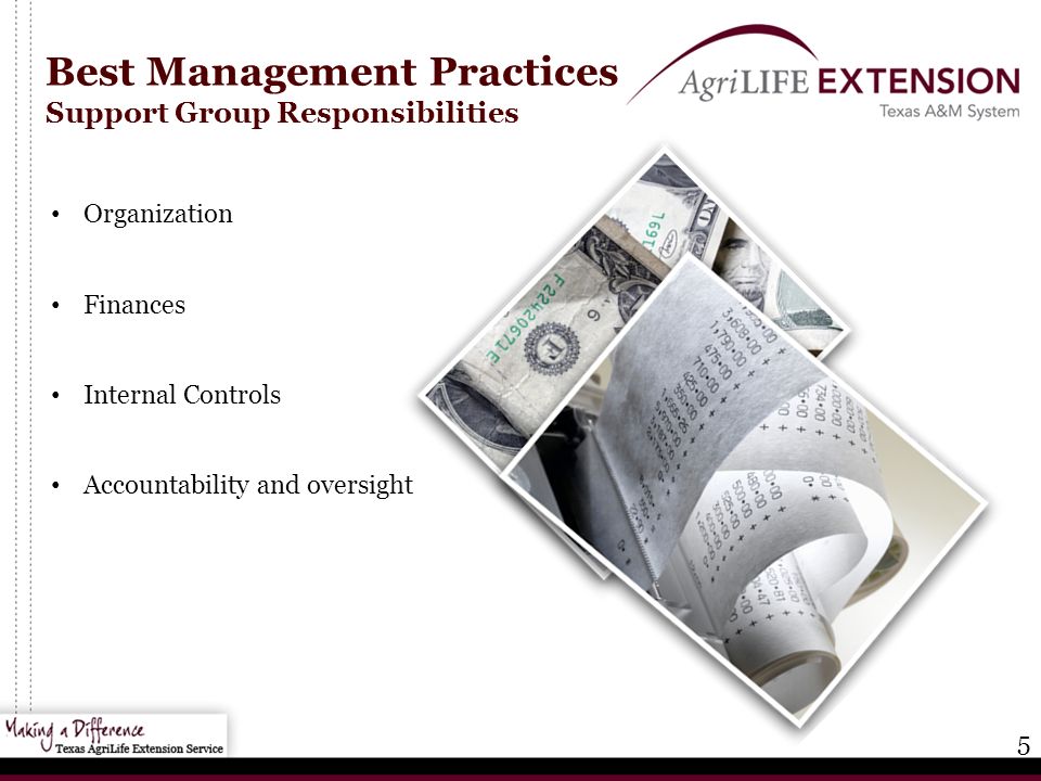 5 Best Management Practices Support Group Responsibilities Organization Finances Internal Controls Accountability and oversight