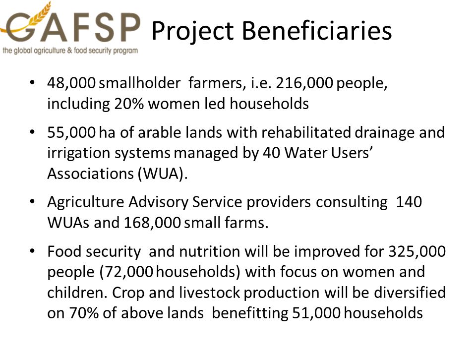Project Beneficiaries 48,000 smallholder farmers, i.e.