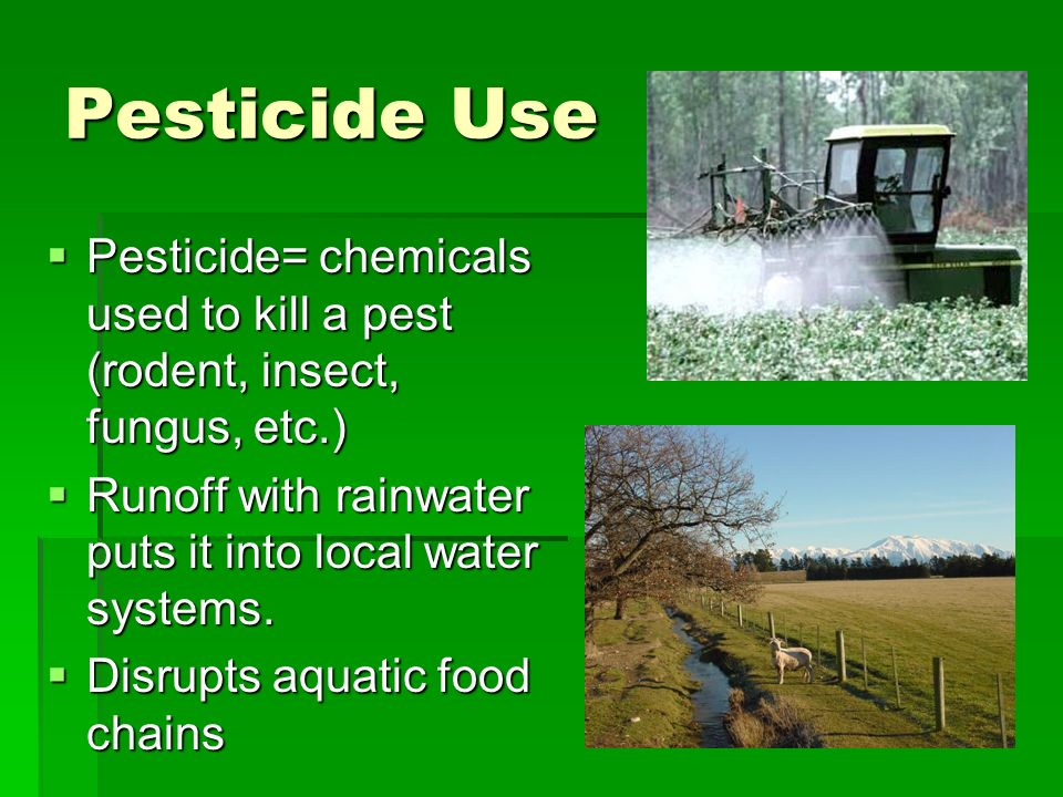 Pesticide Use  Pesticide= chemicals used to kill a pest (rodent, insect, fungus, etc.)  Runoff with rainwater puts it into local water systems.