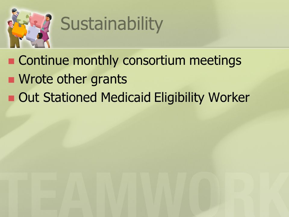 Sustainability Continue monthly consortium meetings Wrote other grants Out Stationed Medicaid Eligibility Worker