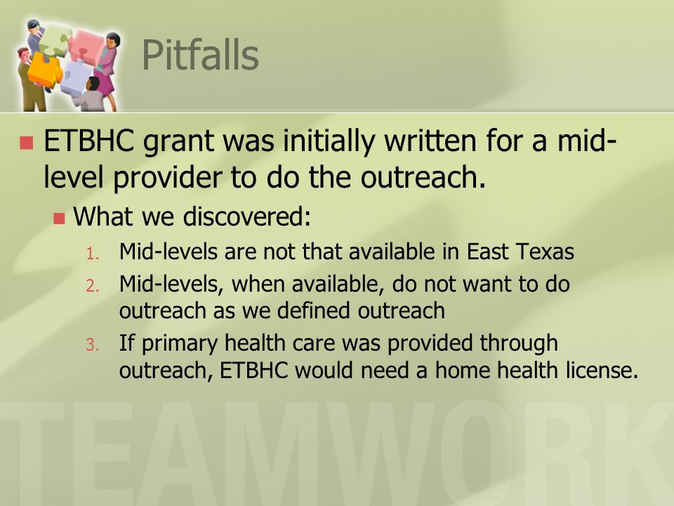 Pitfalls ETBHC grant was initially written for a mid- level provider to do the outreach.
