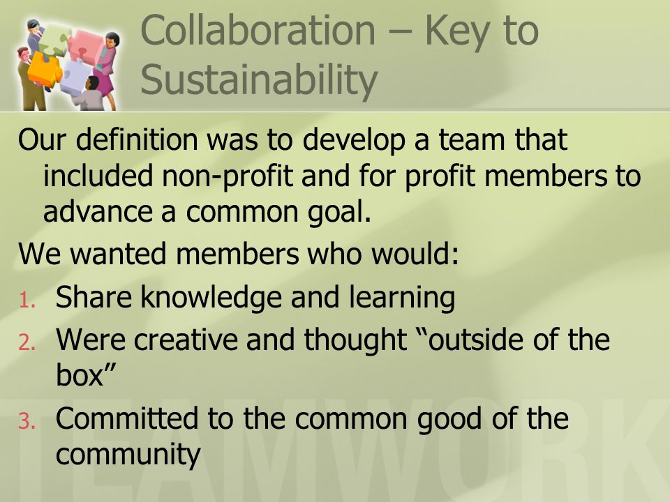 Collaboration – Key to Sustainability Our definition was to develop a team that included non-profit and for profit members to advance a common goal.