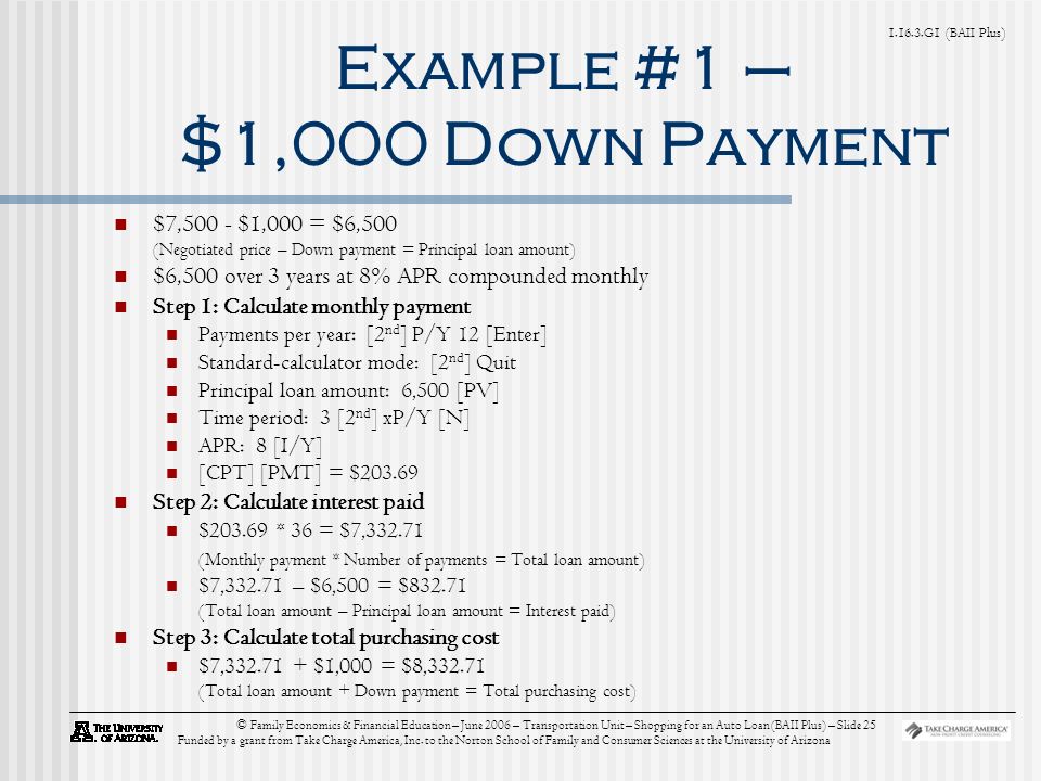 G1 (BAII Plus) © Family Economics & Financial Education – June 2006 – Transportation Unit – Shopping for an Auto Loan (BAII Plus) – Slide 25 Funded by a grant from Take Charge America, Inc.