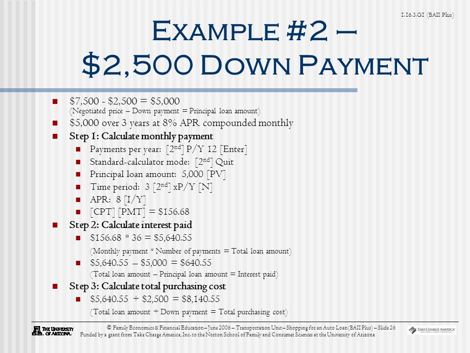 G1 (BAII Plus) © Family Economics & Financial Education – June 2006 – Transportation Unit – Shopping for an Auto Loan (BAII Plus) – Slide 26 Funded by a grant from Take Charge America, Inc.