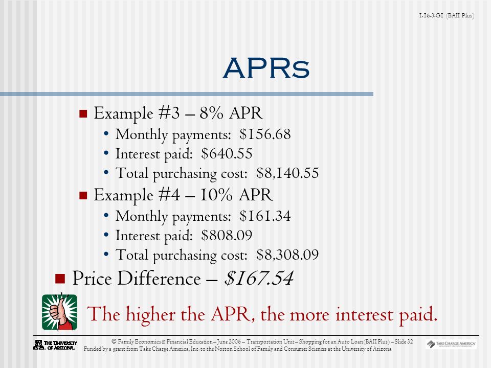 G1 (BAII Plus) © Family Economics & Financial Education – June 2006 – Transportation Unit – Shopping for an Auto Loan (BAII Plus) – Slide 32 Funded by a grant from Take Charge America, Inc.
