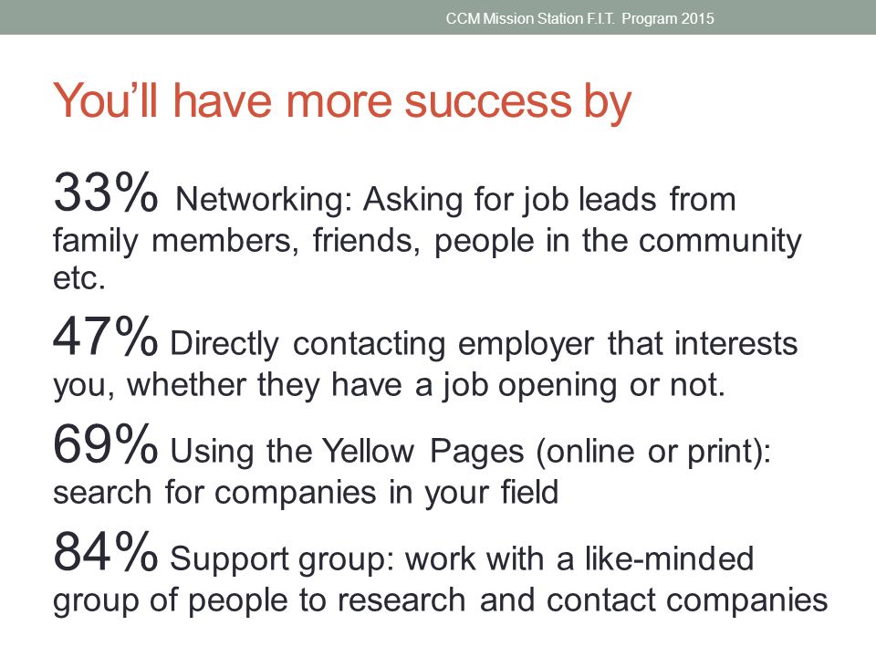 You’ll have more success by 33% Networking: Asking for job leads from family members, friends, people in the community etc.
