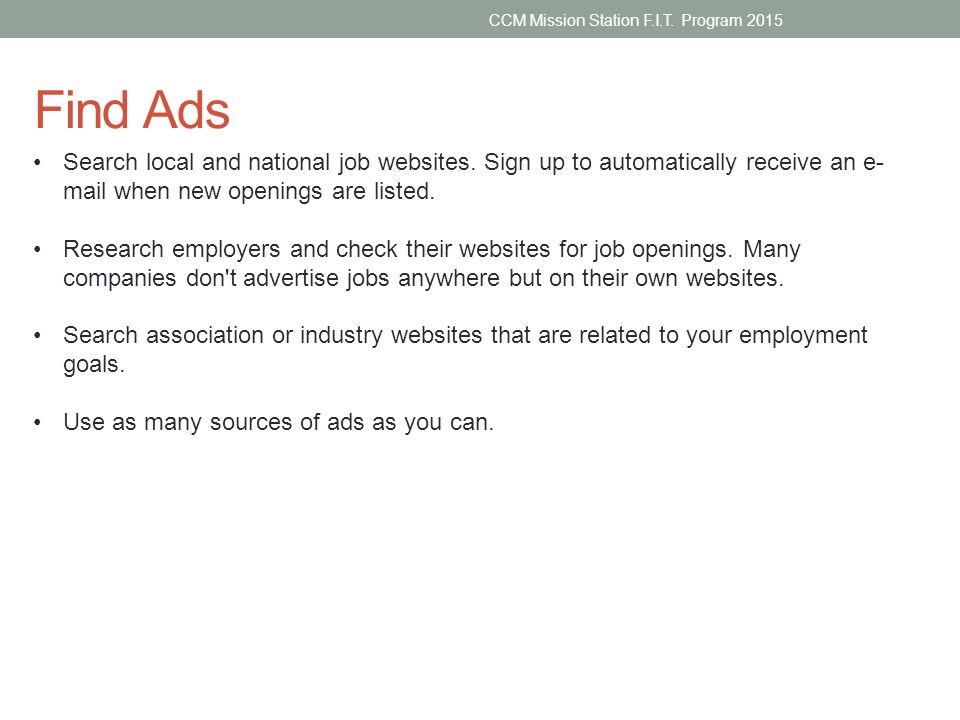 CCM Mission Station F.I.T. Program 2015 Find Ads Search local and national job websites.