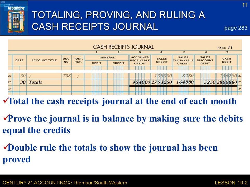 CENTURY 21 ACCOUNTING © Thomson/South-Western 11 LESSON 10-2 TOTALING, PROVING, AND RULING A CASH RECEIPTS JOURNAL page 283 Total the cash receipts journal at the end of each month Prove the journal is in balance by making sure the debits equal the credits Double rule the totals to show the journal has been proved