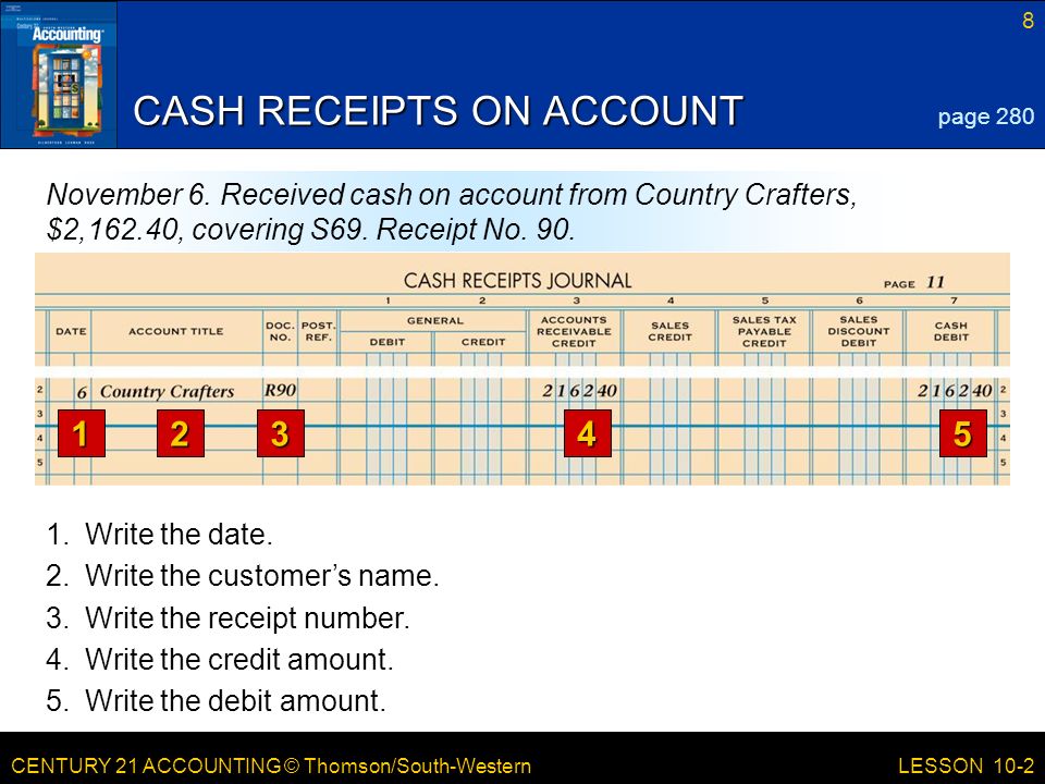 CENTURY 21 ACCOUNTING © Thomson/South-Western 8 LESSON 10-2 CASH RECEIPTS ON ACCOUNT page 280 November 6.