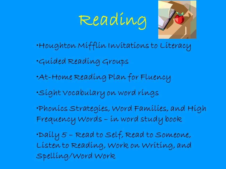 Reading Houghton Mifflin Invitations to Literacy Guided Reading Groups At-Home Reading Plan for Fluency Sight Vocabulary on word rings Phonics Strategies, Word Families, and High Frequency Words – in word study book Daily 5 – Read to Self, Read to Someone, Listen to Reading, Work on Writing, and Spelling/Word Work