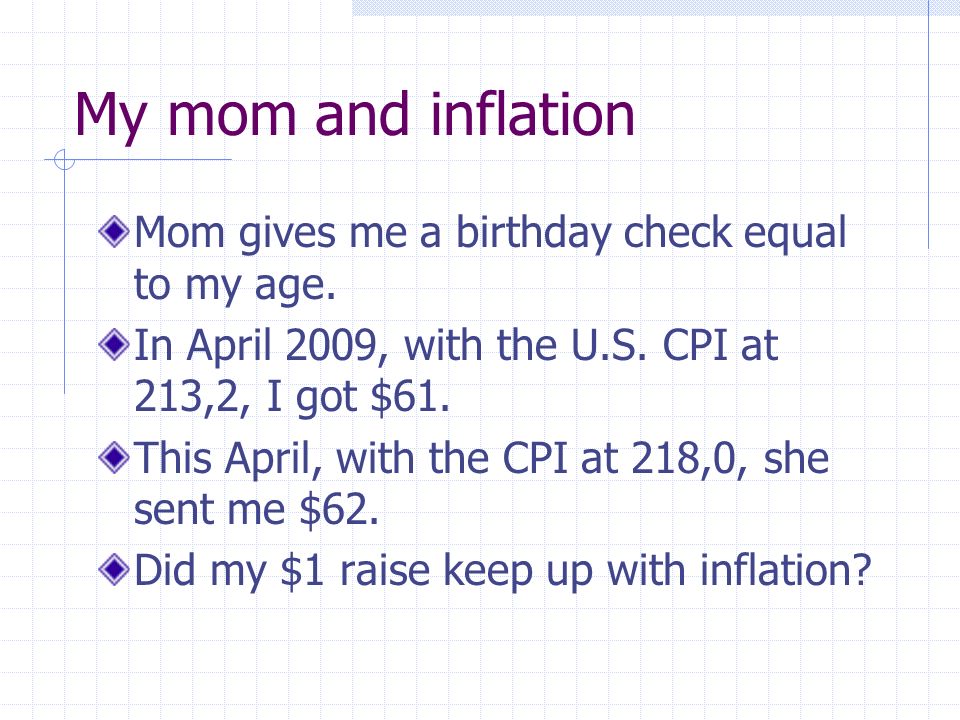 My mom and inflation Mom gives me a birthday check equal to my age.