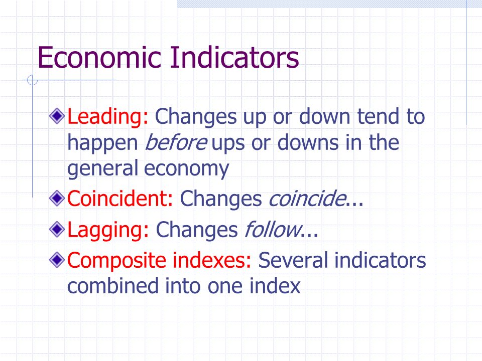 Economic Indicators Leading: Changes up or down tend to happen before ups or downs in the general economy Coincident: Changes coincide...