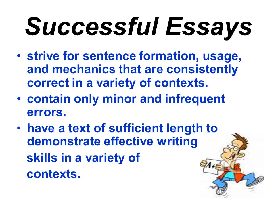 Successful Essays strive for sentence formation, usage, and mechanics that are consistently correct in a variety of contexts.