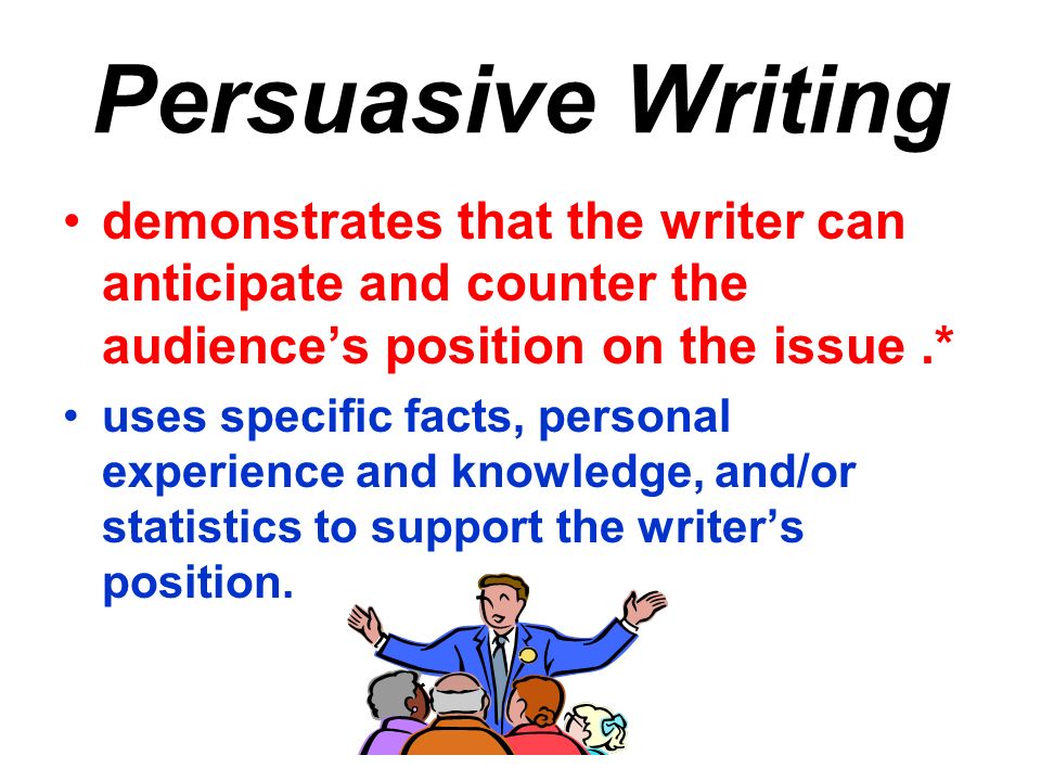 Persuasive Writing demonstrates that the writer can anticipate and counter the audience’s position on the issue.* uses specific facts, personal experience and knowledge, and/or statistics to support the writer’s position.