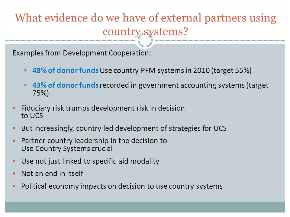 What evidence do we have of external partners using country systems.