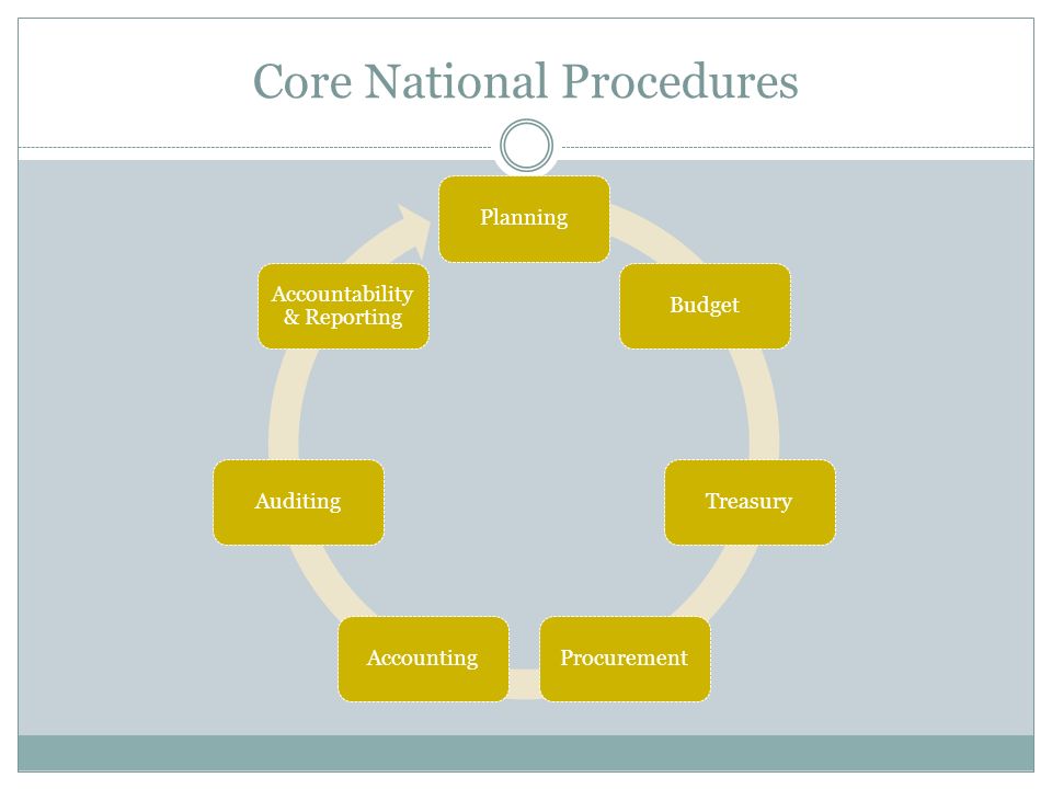 Core National Procedures PlanningBudgetTreasuryProcurementAccountingAuditing Accountability & Reporting
